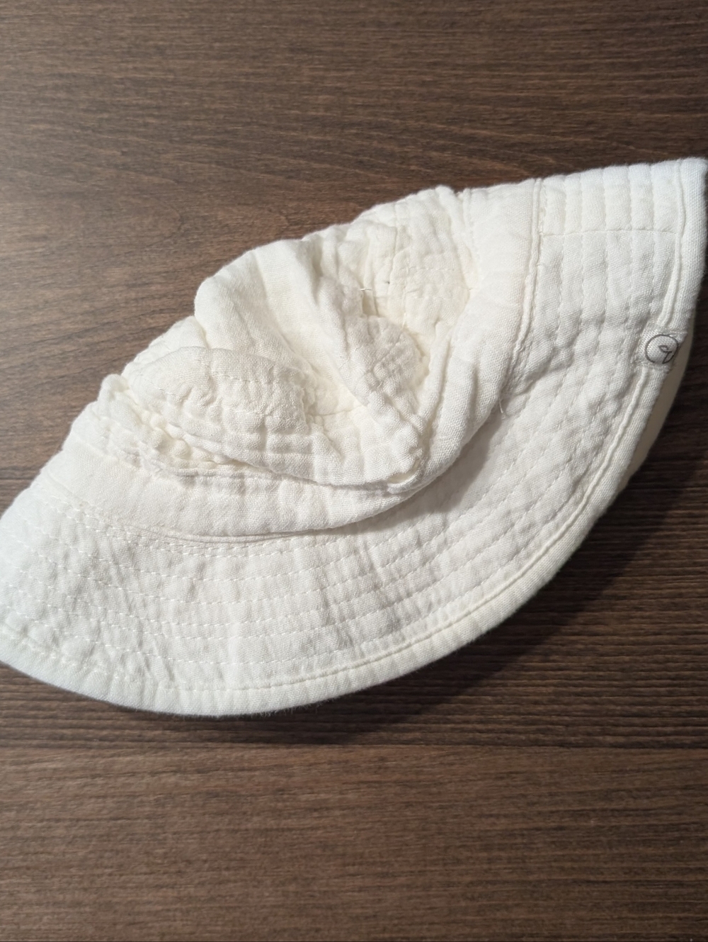 Little planet, white organic cotton gauzy bucket hat. 12-24mo.